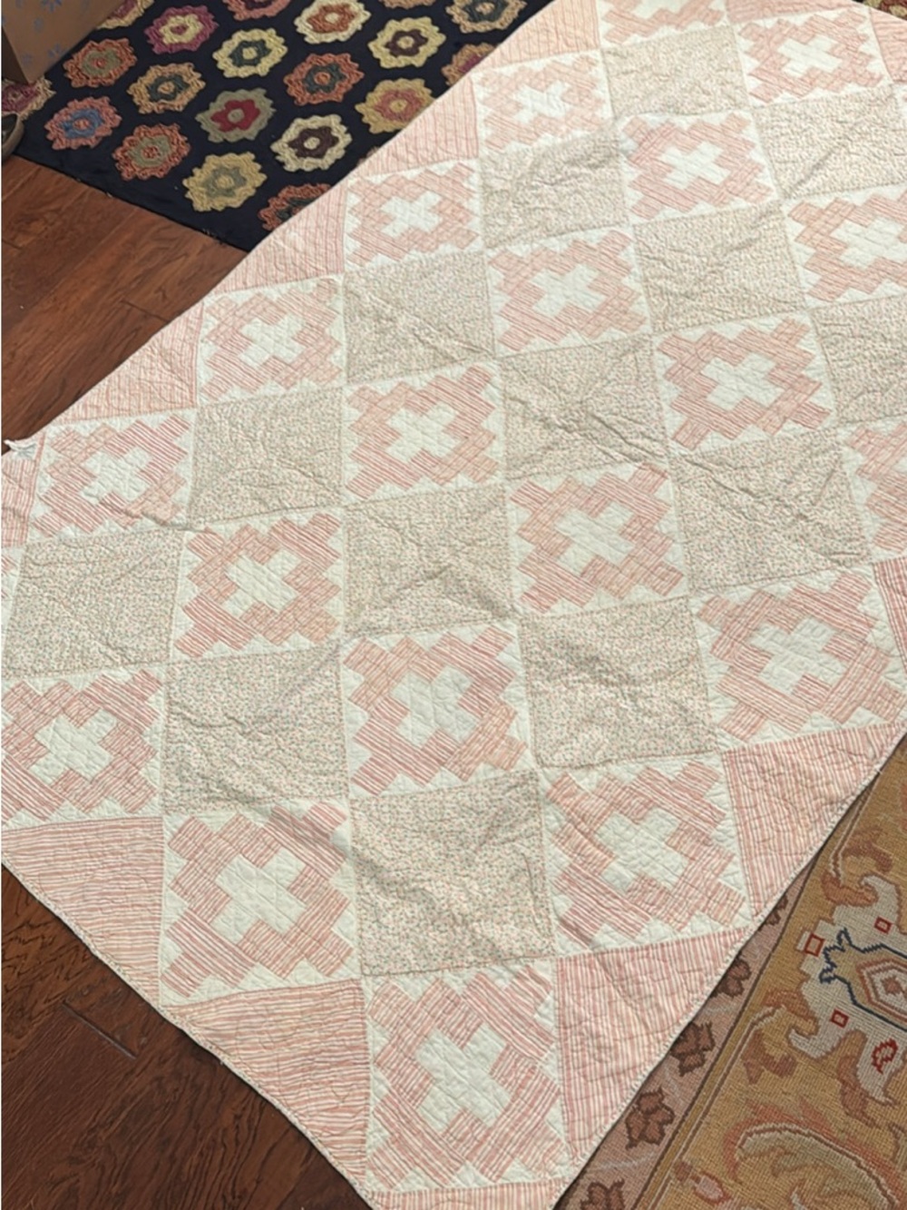 Classic Depression Era Pink and Cream Patchwork Quilt “Courthouse Steps”